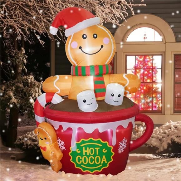 6 FT Christmas Inflatables Decoration Gingerbread Man in Hot Cocoa Mug Scene - Picture 1 of 6
